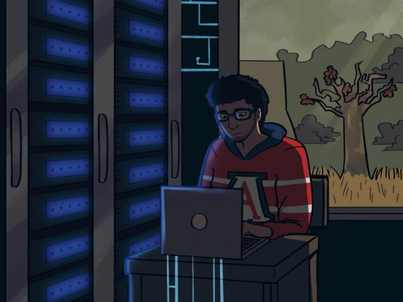 An artistic depiction of a University of Arizona student working on a computer near a server.